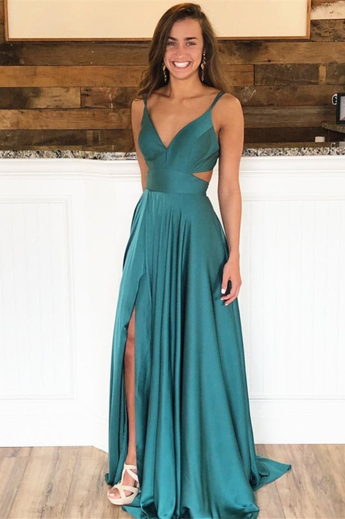 Spaghetti Straps Split Long A-line V-neck Satin Evening Dress