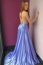 A-line V-neck Satin Open Back Spaghetti Straps Split Long Prom Dress with Slit