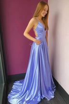 A-line V-neck Satin Open Back Spaghetti Straps Split Long Prom Dress with Slit