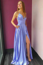 A-line V-neck Satin Open Back Spaghetti Straps Split Long Prom Dress with Slit