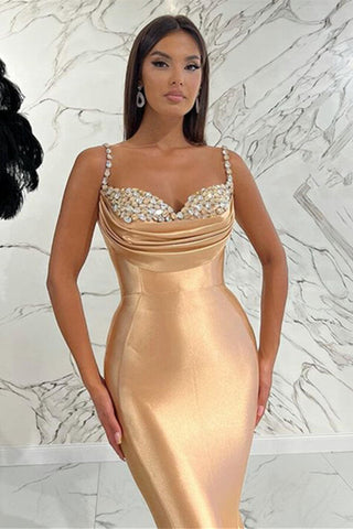 Vestido de noite comprido azul royal com alças finas e decote em coração, estilo sereia, em cetim