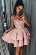 Träger Gestaffeltes Rosa Satin Heimkehrkleid Mit Pailletten PD017