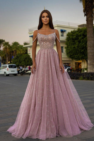 Spaghetti Straps Tulle Sequins A-Line Long Evening Dress with Beads