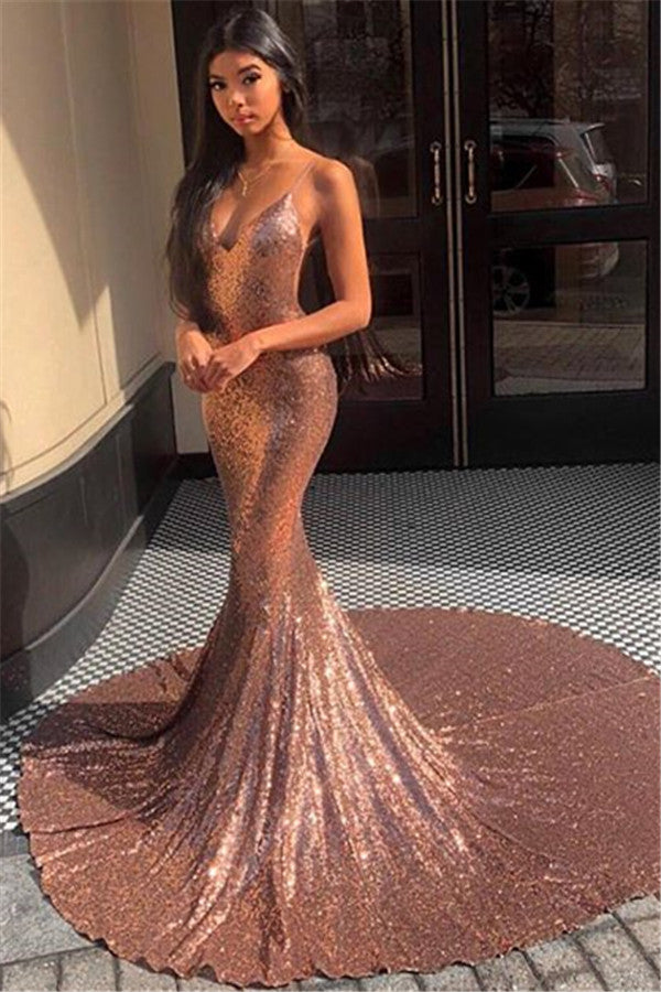 Spaghetti Straps V-neck Champagne Mermaid Prom Dress with Sequins