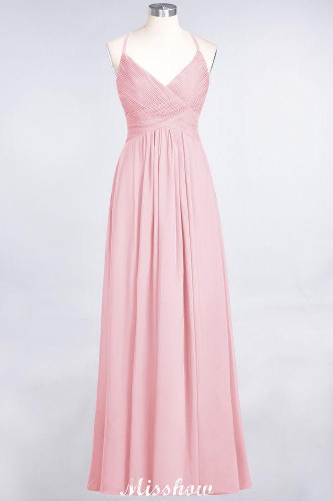 Spaghetti-Straps V-Neck Sleeveless Floor-Length Bridesmaid Dress
