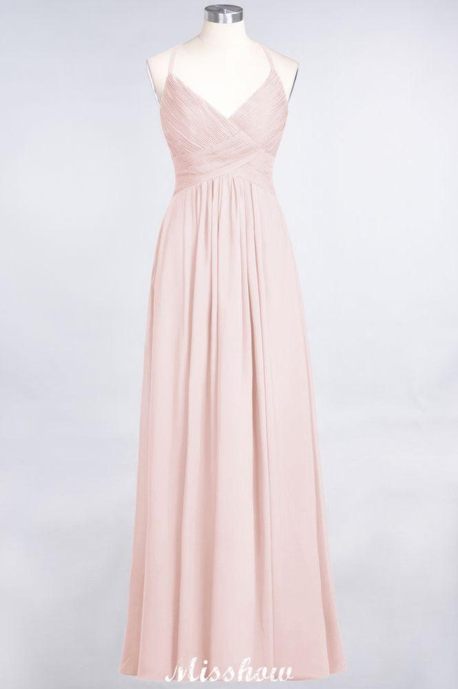 Spaghetti-Straps V-Neck Sleeveless Floor-Length Bridesmaid Dress