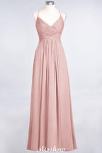 Spaghetti-Straps V-Neck Sleeveless Floor-Length Bridesmaid Dress