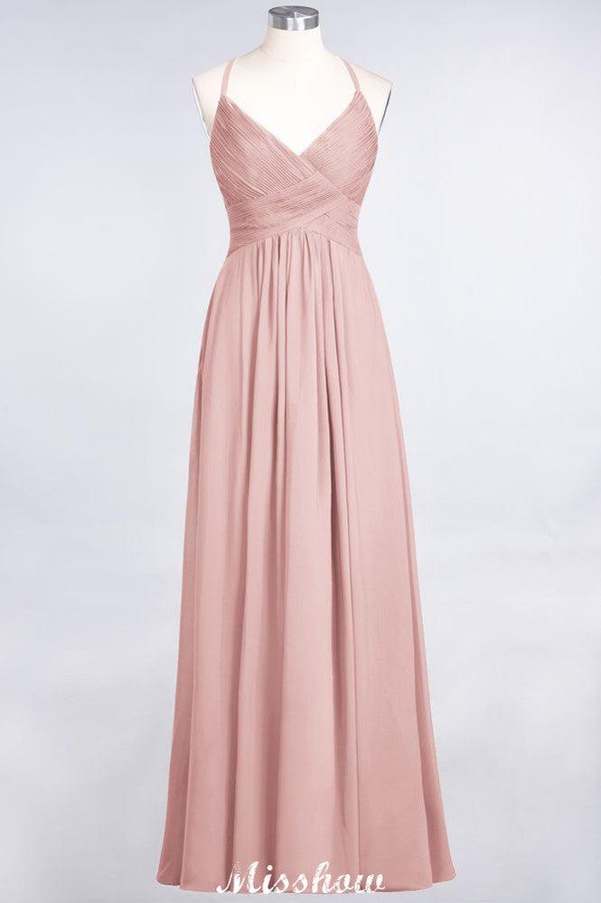 Spaghetti-Straps V-Neck Sleeveless Floor-Length Bridesmaid Dress