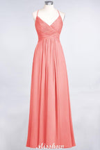 Spaghetti-Straps V-Neck Sleeveless Floor-Length Bridesmaid Dress