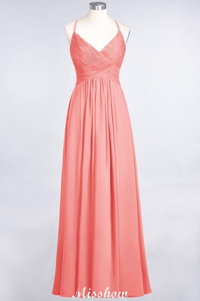 Spaghetti-Straps V-Neck Sleeveless Floor-Length Bridesmaid Dress