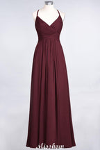 Spaghetti-Straps V-Neck Sleeveless Floor-Length Bridesmaid Dress