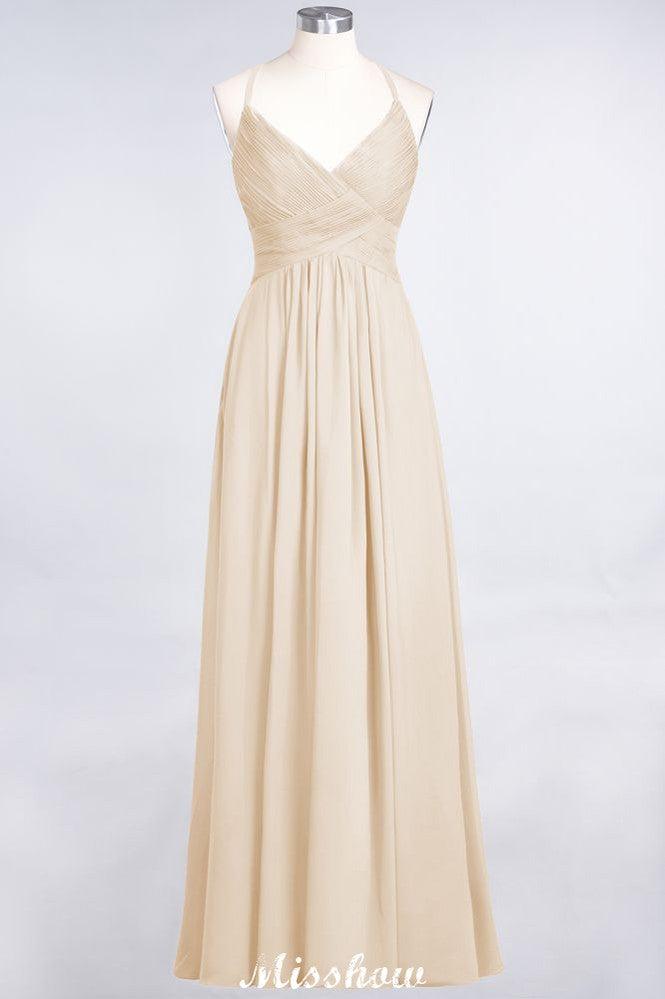 Spaghetti-Straps V-Neck Sleeveless Floor-Length Bridesmaid Dress