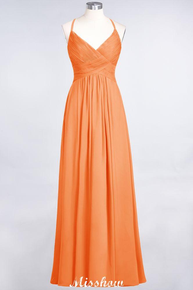 Spaghetti-Straps V-Neck Sleeveless Floor-Length Bridesmaid Dress