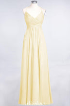 Spaghetti-Straps V-Neck Sleeveless Floor-Length Bridesmaid Dress