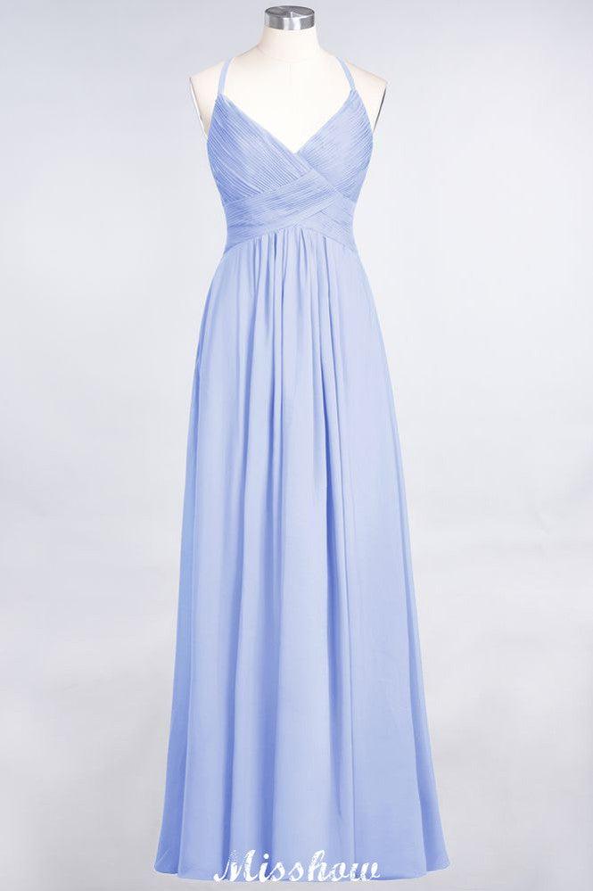 Spaghetti-Straps V-Neck Sleeveless Floor-Length Bridesmaid Dress