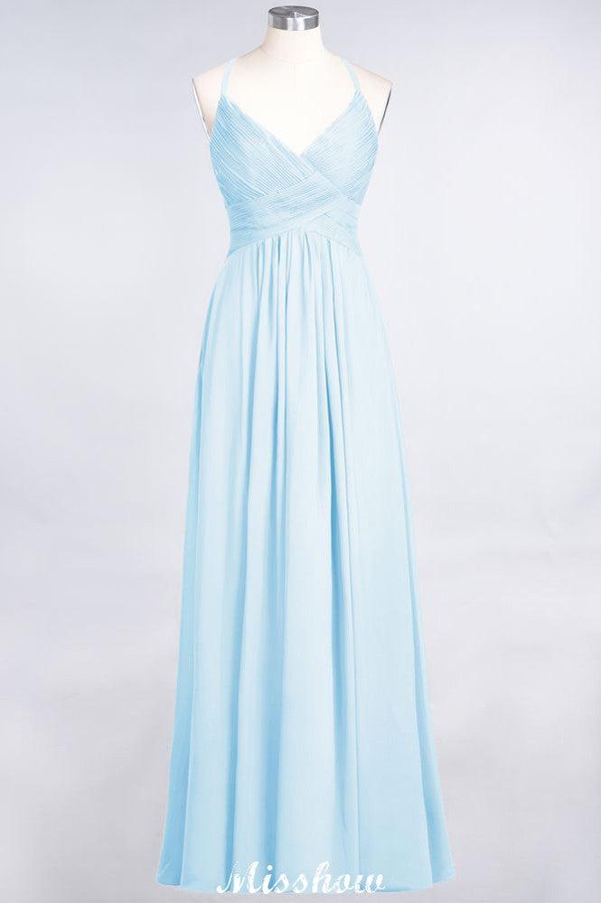Spaghetti-Straps V-Neck Sleeveless Floor-Length Bridesmaid Dress