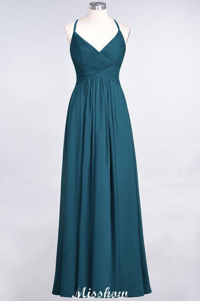 Spaghetti-Straps V-Neck Sleeveless Floor-Length Bridesmaid Dress