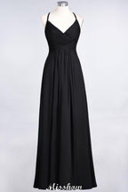 Spaghetti-Straps V-Neck Sleeveless Floor-Length Bridesmaid Dress