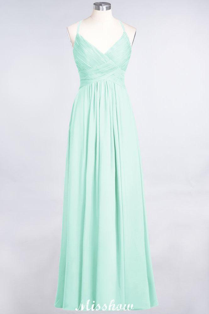 Spaghetti-Straps V-Neck Sleeveless Floor-Length Bridesmaid Dress