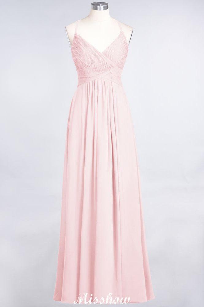 Spaghetti-Straps V-Neck Sleeveless Floor-Length Bridesmaid Dress