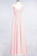 Spaghetti-Straps V-Neck Sleeveless Floor-Length Bridesmaid Dress