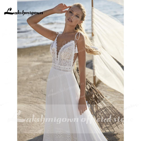 NumberSea Spaghetti-trägern Brautkleider Bohemian Strand Spitze Bocide vestido para boda playa Lakshmigown Brautkleider Für Braut Robe De