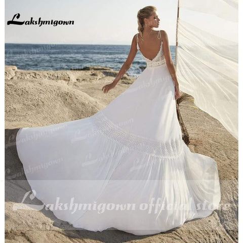 NumberSea Spaghetti-trägern Brautkleider Bohemian Strand Spitze Bocide vestido para boda playa Lakshmigown Brautkleider Für Braut Robe De