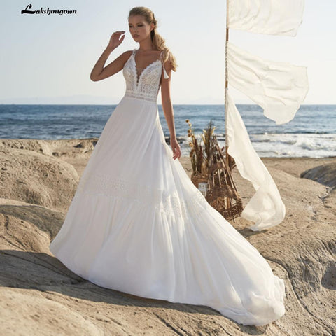 NumberSea Spaghetti-trägern Brautkleider Bohemian Strand Spitze Bocide vestido para boda playa Lakshmigown Brautkleider Für Braut Robe De