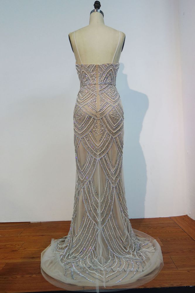Spaghettiträger Meerjungfrau Lange Pailletten Perlenbesetzte Ballkleider mit Perlen und Kristallen