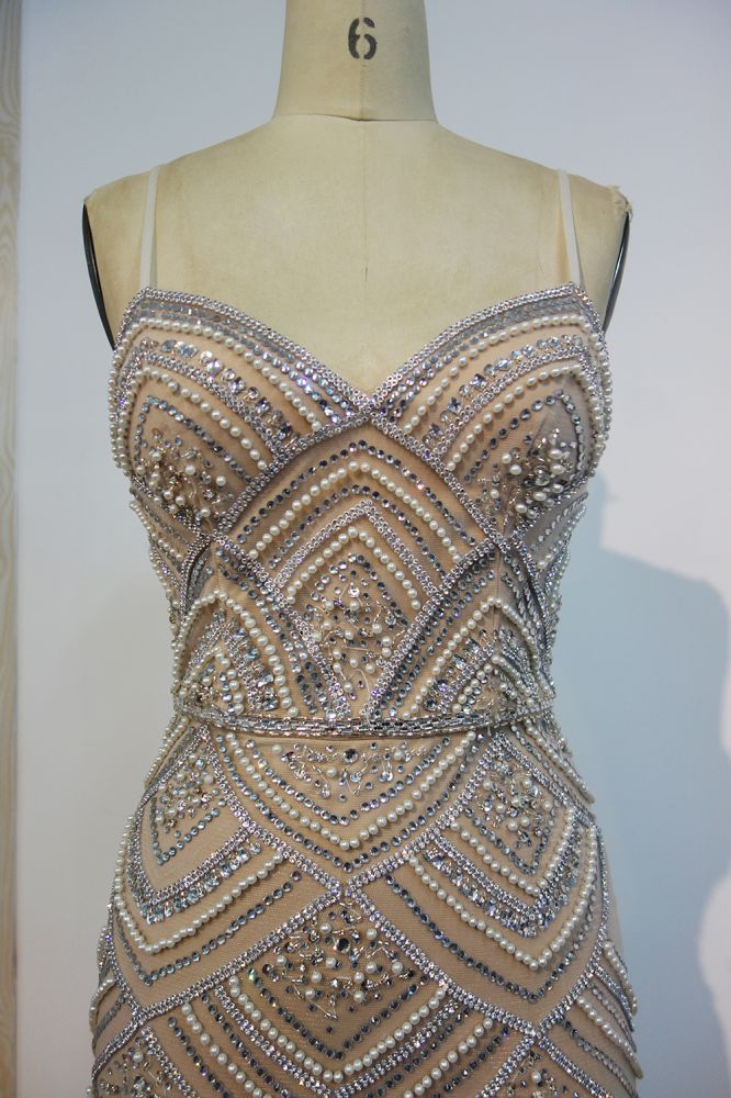 Spaghettiträger Meerjungfrau Lange Pailletten Perlenbesetzte Ballkleider mit Perlen und Kristallen