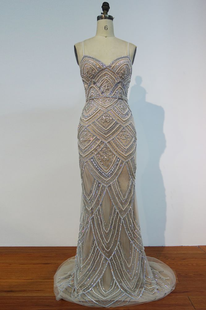 Spaghettiträger Meerjungfrau Lange Pailletten Perlenbesetzte Ballkleider mit Perlen und Kristallen