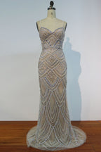 Spaghettiträger Meerjungfrau Lange Pailletten Perlenbesetzte Ballkleider mit Perlen und Kristallen