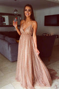 Robe de soirée longue scintillante dos nu décolleté plongeant à paillettes PG757