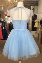 Funkelnde Perlen Kapärmelchen Hell Himmelblau Homecoming-Kleid PD314