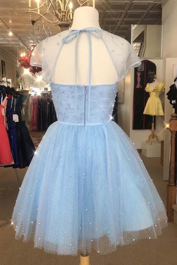 Vestido de Baile de Gala con Mangas de Hombro Acentuadas con Cuentas Brillantes Azul Cielo Claro PD314