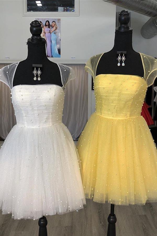 Vestido de Baile de Gala con Mangas de Hombro Acentuadas con Cuentas Brillantes Azul Cielo Claro PD314