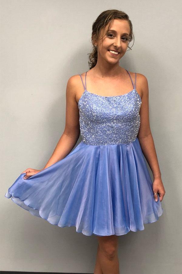 Vestido Corto de Baile de Gala Azul con Lentejuelas Brillantes Vestido de Bienvenida PD315