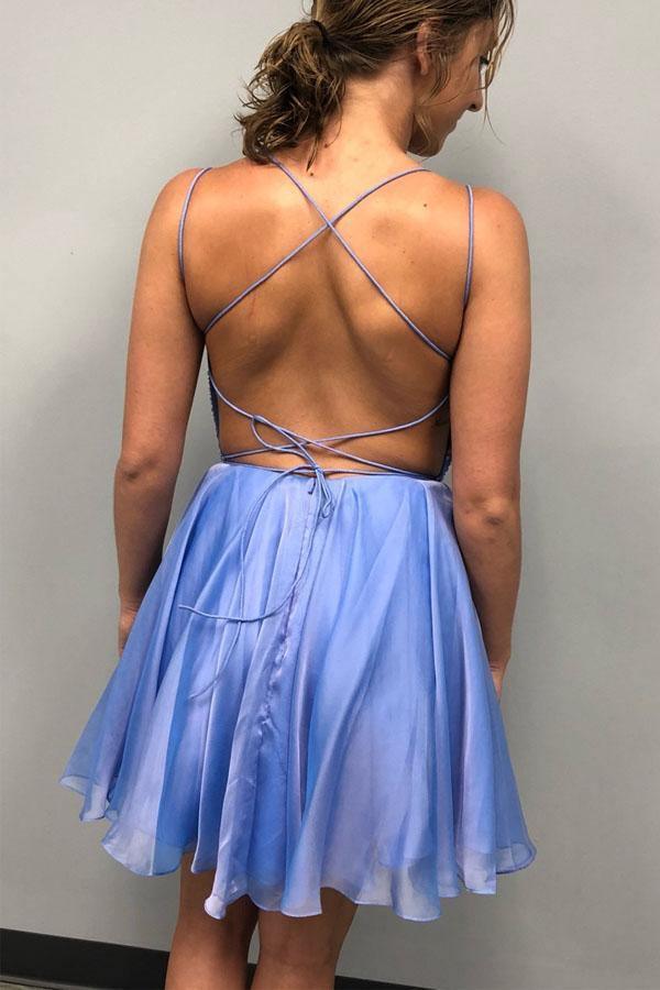 Vestido Corto de Baile de Gala Azul con Lentejuelas Brillantes Vestido de Bienvenida PD315