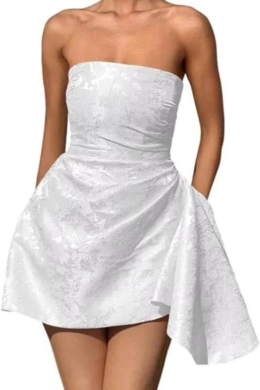 Wunderschönes gerafftes Satin-Minikleid für Partys trägerlos mit floralem Jacquard und Tasche für den Homecoming-Ball
