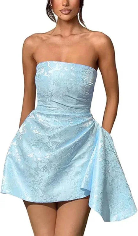 Wunderschönes gerafftes Satin-Minikleid für Partys trägerlos mit floralem Jacquard und Tasche für den Homecoming-Ball