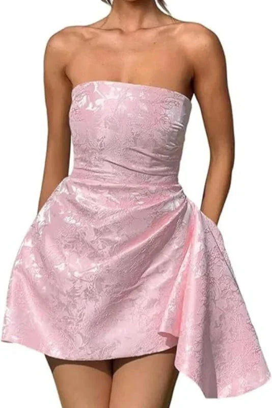 Hermoso Vestido de Fiesta Mini de Satén Fruncido Sin Tirantes con Jacquard Floral y Bolsillo para Baile de Graduación