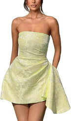 Wunderschönes gerafftes Satin-Minikleid für Partys trägerlos mit floralem Jacquard und Tasche für den Homecoming-Ball