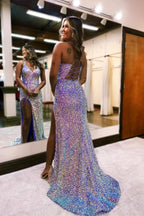 Sparkling Long Mermaid Spaghetti Straps Sequin Prom Dress Sleeveless with Slit