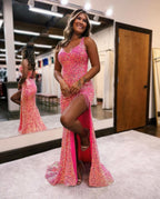 Sparkling Long Mermaid Spaghetti Straps Sequin Prom Dress Sleeveless with Slit