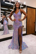 Vestido de fiesta largo y brillante sirena con tirantes de espagueti de lentejuelas, sin mangas y con abertura