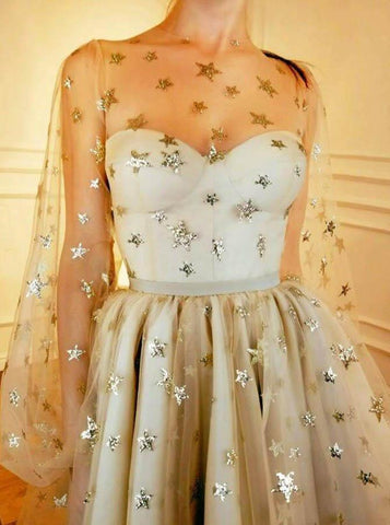 Glitzerndes A-Linien-Heimkehrkleid mit Rundhalsausschnitt und langen Ärmeln und Pailletten PD257