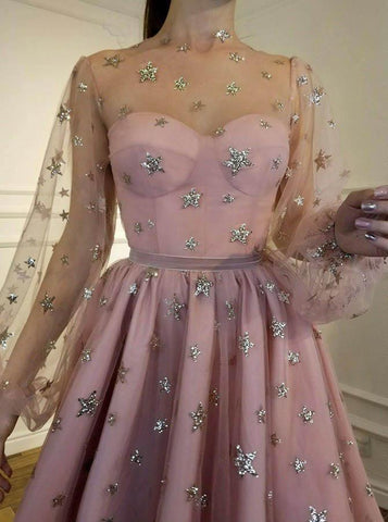 Glitzerndes A-Linien-Heimkehrkleid mit Rundhalsausschnitt und langen Ärmeln und Pailletten PD257