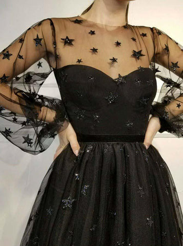 Glitzerndes A-Linien-Heimkehrkleid mit Rundhalsausschnitt und langen Ärmeln und Pailletten PD257