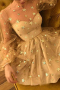 Robe de bal à paillettes coupe A col rond manches longues avec sequins PD257