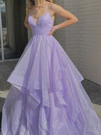 Sparkly A-line V Neck Long Prom Dresses Fluffy Purple Formal Evening Dresses